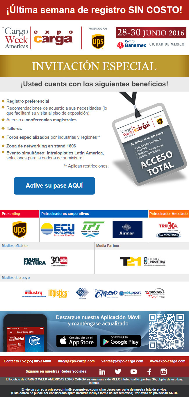 Últimos días de registro sin costo a Expo Carga